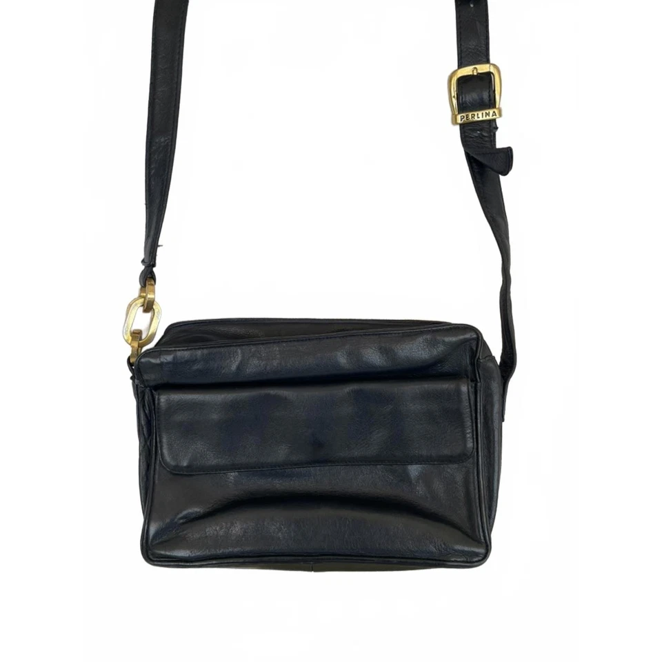 Bolso Bandolera Vintage Años 80 Perlina Cuero Azul Marino Anillos de Latón Dinero Antiguo Retro Elegante Foto 2 de 4