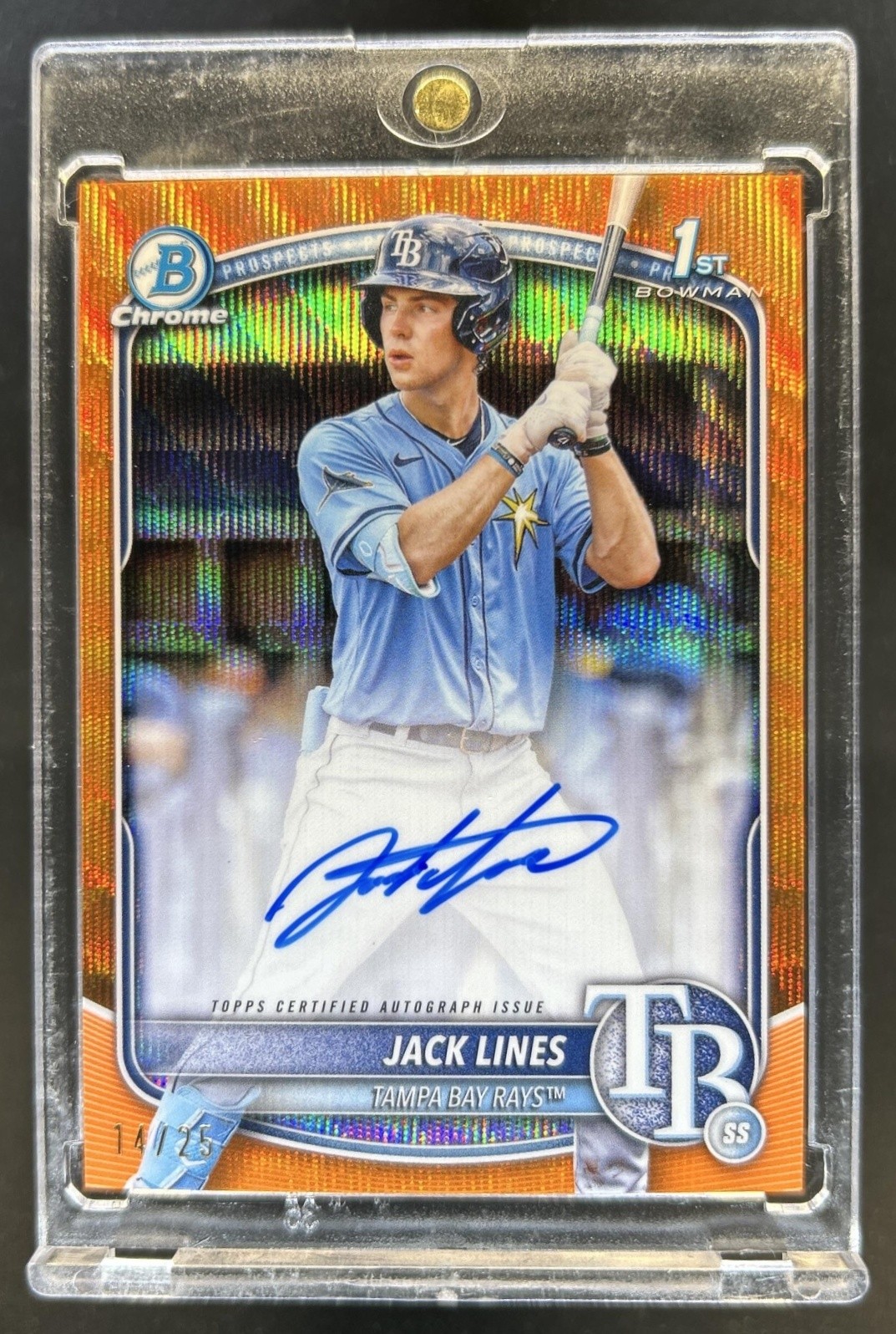 2025 Bowman Jack Lines Chrome Auto Orange Wave Refractor 1st Prospect #/25 Rays