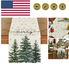 Beige Pine Tree Snowflake Merry Christmas Table Runner, Seasonal Winter Xmas ...