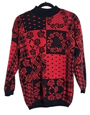 Vintage 80s Floral Sweater Womens S Red  Black Patchwork by Separate Issue
