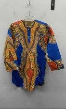 Dashiki Blue Orange African Print Tunic Top Festival Shirt Unisex Size M