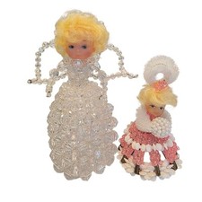 2 Vintage Clear Beaded Angel  Safety Pin Doll Pink w/Muff Handmade 6"  4" tall