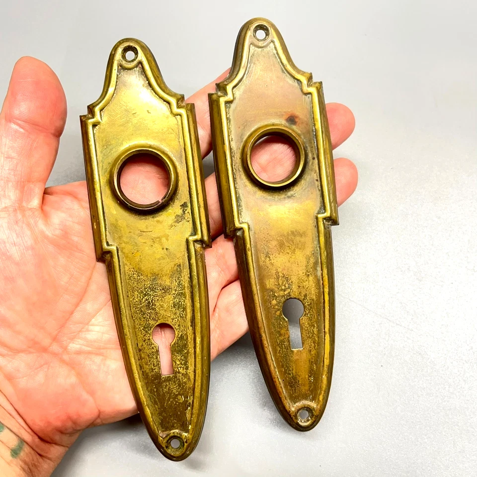 Pair of Antique Door Knob Backplate Escutcheons Brass / Bronze Colonial Art Deco - Image 4 of 4