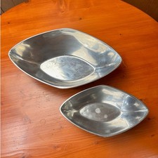 Two Angular Oval Silver-Toned Metal Bowls - 14" and 10"