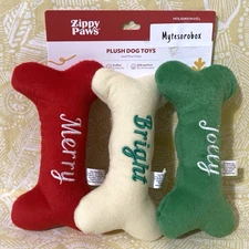 ZippyPaws 3-Pack Holiday FESTIVE BONES Squeaky Plush Dog Toy New -FREE SHIPPING-