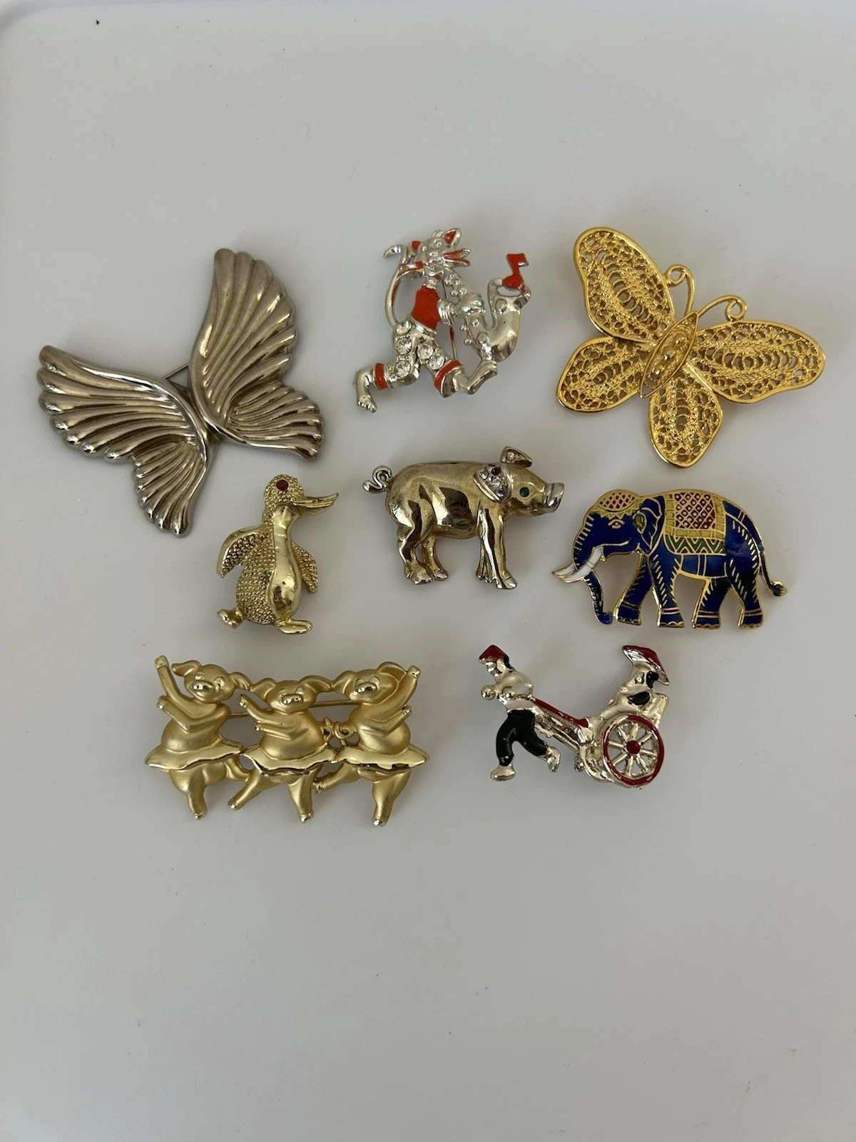 Lot 8 Animal People Brooch Pins Gold Silver Tone Elephant Pig Butterfly Cat