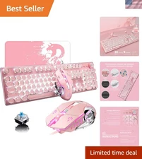 Pink Typewriter Keyboard and Mouse,Retro Vintage Mechanical Gaming Keyboard w...