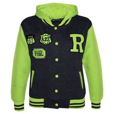 Kids Girls Boys Baseball Hooded Charcoal Neon Green NYC/FOX Varsity Jacket