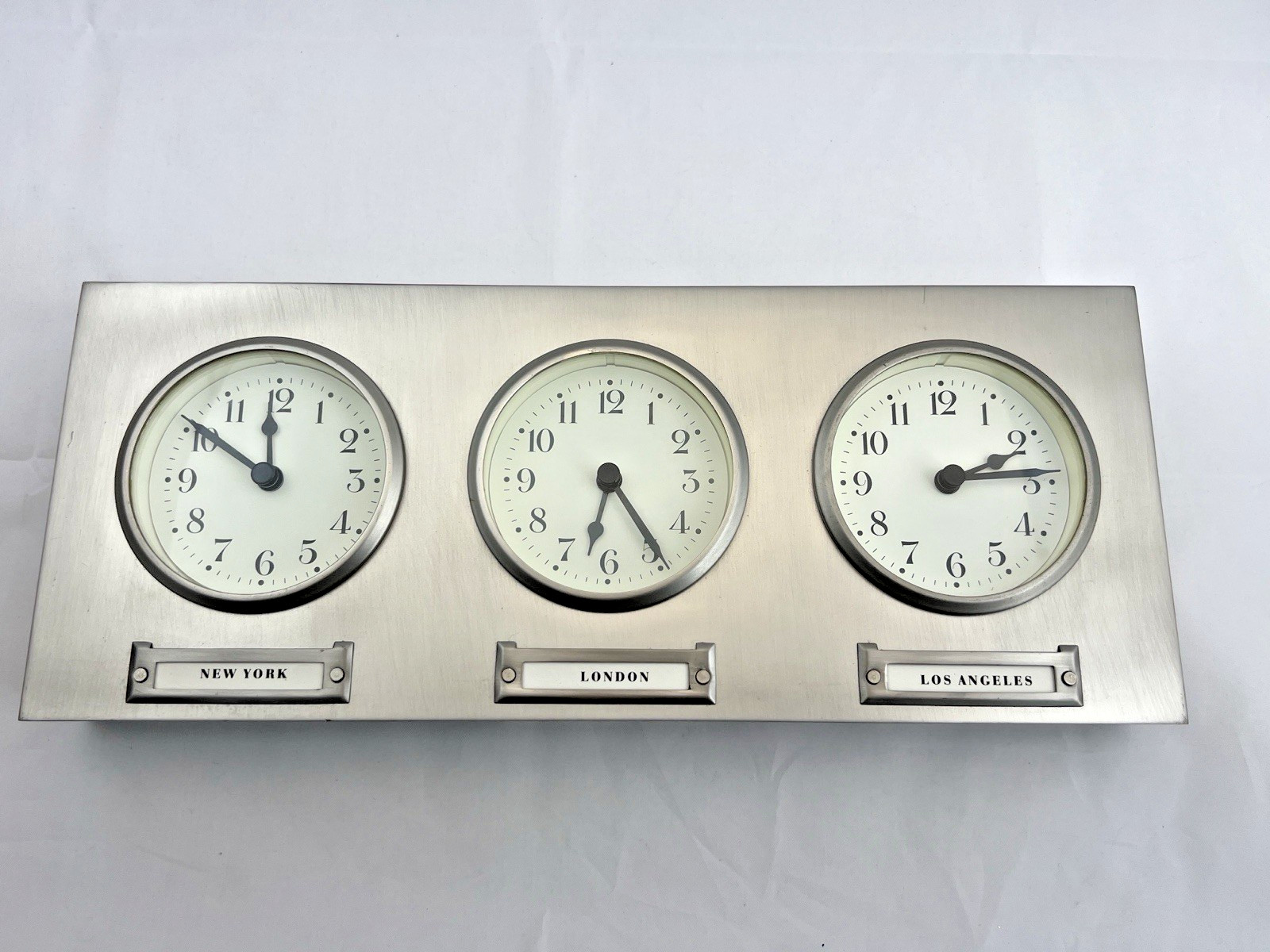 Pottery Barn Around the World 3 Time Zone Brushed Nickel Desk Wall Mantle Clock