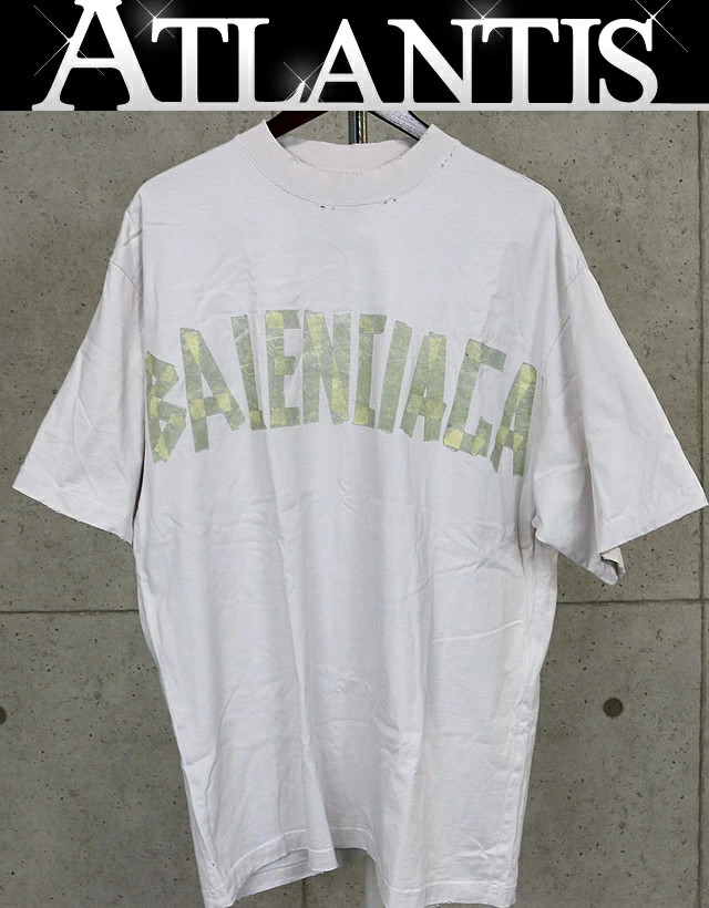 BALENCIAGA Tape Logo T-shirt Short Sleeve Men's size:L Beige
