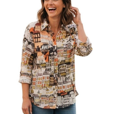 Elliott Lauren Top City Life Top Sz 6 Multicolor Semi Sheer Button Down Collared