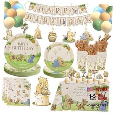 192pcs Winnie Birthday Decorations, Vintage Winnie Bear Plates Napkins Cups