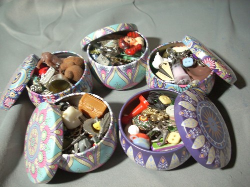 3"x2" Lidded Tin with 25 Minis Trinkets Charms Figures vintage modern Restocked