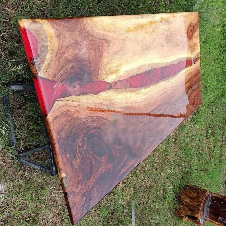 Red Epoxy Table, Mid Century Modern Dining Coffee Table, Acacia Wood Table Tops - Image 3 of 4