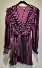 Express Metallic Purple Long Sleeve Faux Wrap Pleated Mini Dress Sz XS