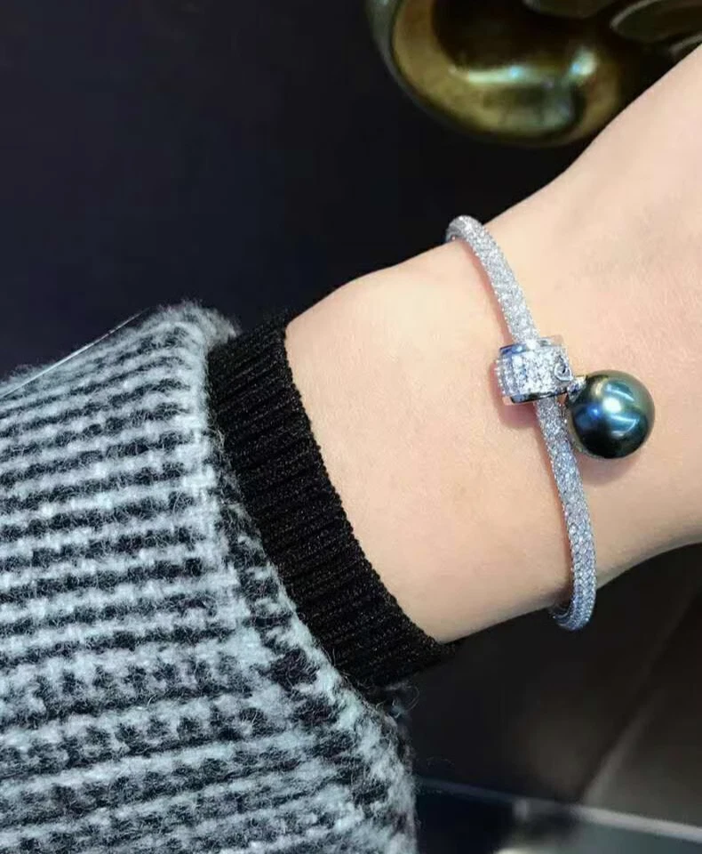 Gorgeous AAAAA 11-12mm Round South Sea Black Green pearl Bracelet 7.5-8" 925S - Image 2 of 3