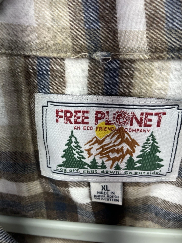 Free Planet Flannel Shirt Men Size XL Brown Plaid Long Sleeve Button 100% Cotton - Image 4 of 4