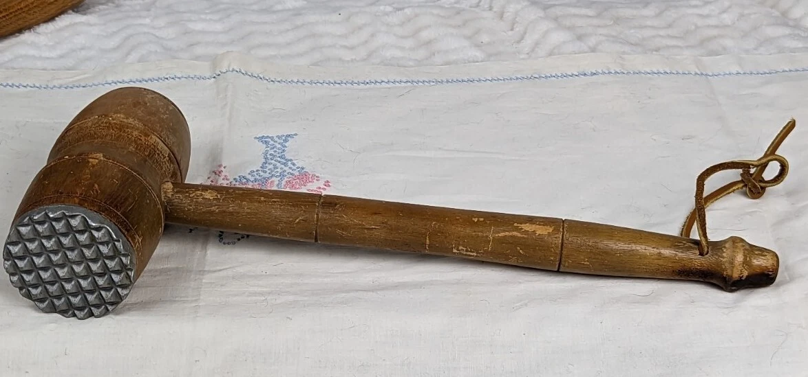 Vintage Wooden Meat Mallet With Aluminum Tenderizing Head Rustic Farmhouse