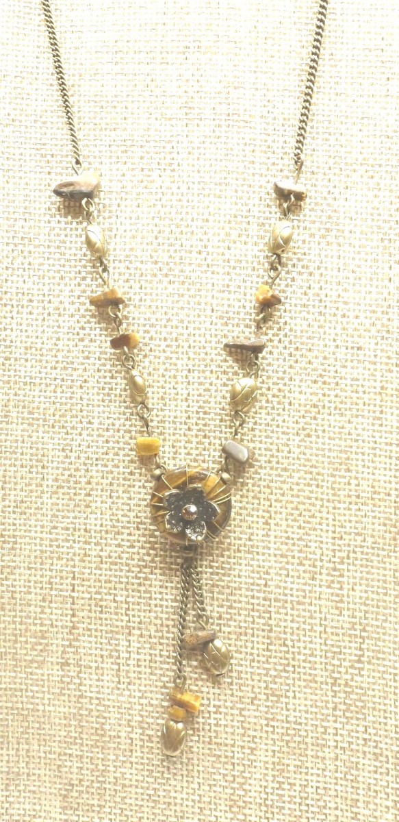 A47) Pretty Tiger Eye Gemstone, Brass, & Crystal Accent