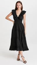 Love The Label Anthropologie V-Neck Ruffle Midi Dress Black Cotton XS New 272172