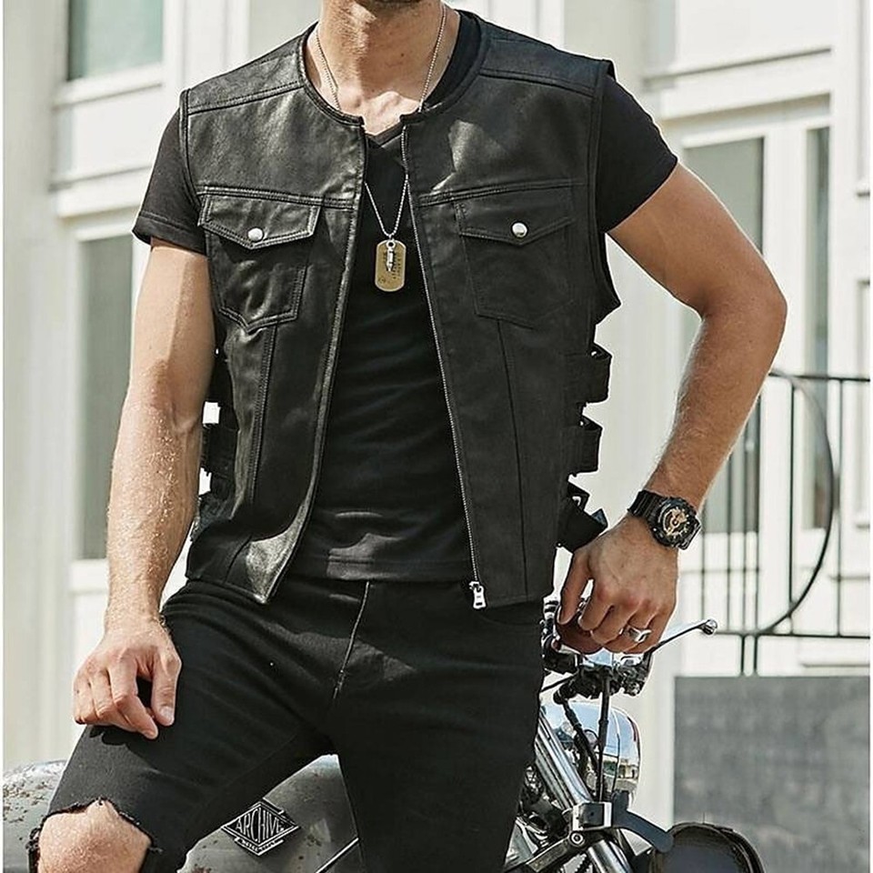 Trendy Men's Cut Motorcycle Waistcoat Biker Faux Leather Club Pocket