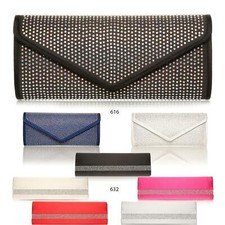 NEW LAIDES SATIN DIAMANTE CLUTCH BAGS SLIM LARGE ENCRUSTED OCCASION COLOURS
