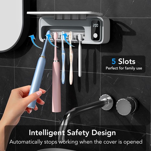 5-Slot Wall-Mounted Toothbrush Holder with UV Sanitizer for Ultimate Cleanliness - Picture 7 of 9