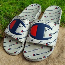 Men's Slides Champion Sandals IPO Slip On Warped Script Logos White Size 12