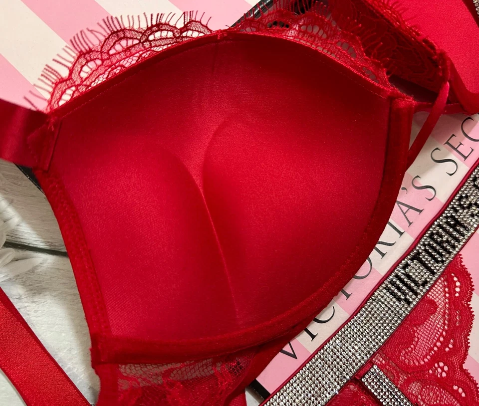 Victoria's Secret VS Shine Strap Bombshell Lace Push-Up Bra Thong Garter Set Red - Image 2 of 4