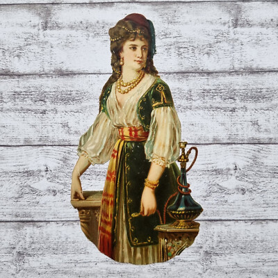 um 1900 Frau Tracht Kleidung Orient Arabien Shisha Victorian Glanzbild Ephemera