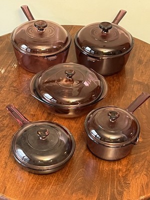 Vintage Pyrex Visions Cranberry Set Of 10 Pieces Saucepots Skillet W/ Lids VTG
