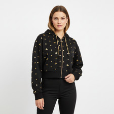 Hooded Fleece Jacket With Satin Lining, Black & Gold  Regular and cropped Design