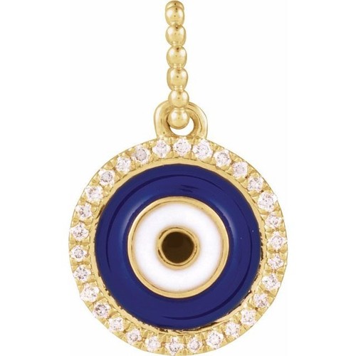14K Yellow 1/10 CTW Natural Diamond Blue Enameled Evil Eye Pendant - Picture 1 of 2