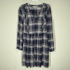 Loft Plaid Swing Dress Women's M Long Sleeve Rayon Ruffle V Neck Casual