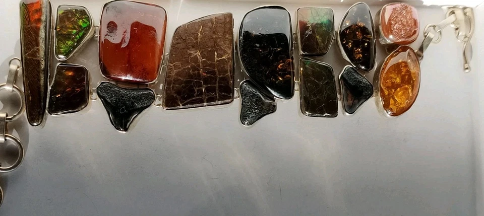 Bracelet Real Sterling Silver Real Ammolite, Amber And Fossil 8 Pollici - Immagine 4 di 4