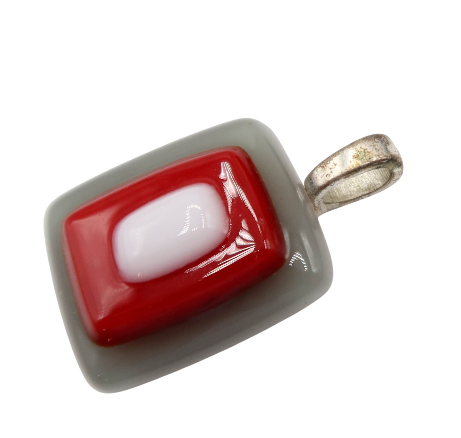 Rectangular Gray Red White Art Glass Pendant Geom… - image 2