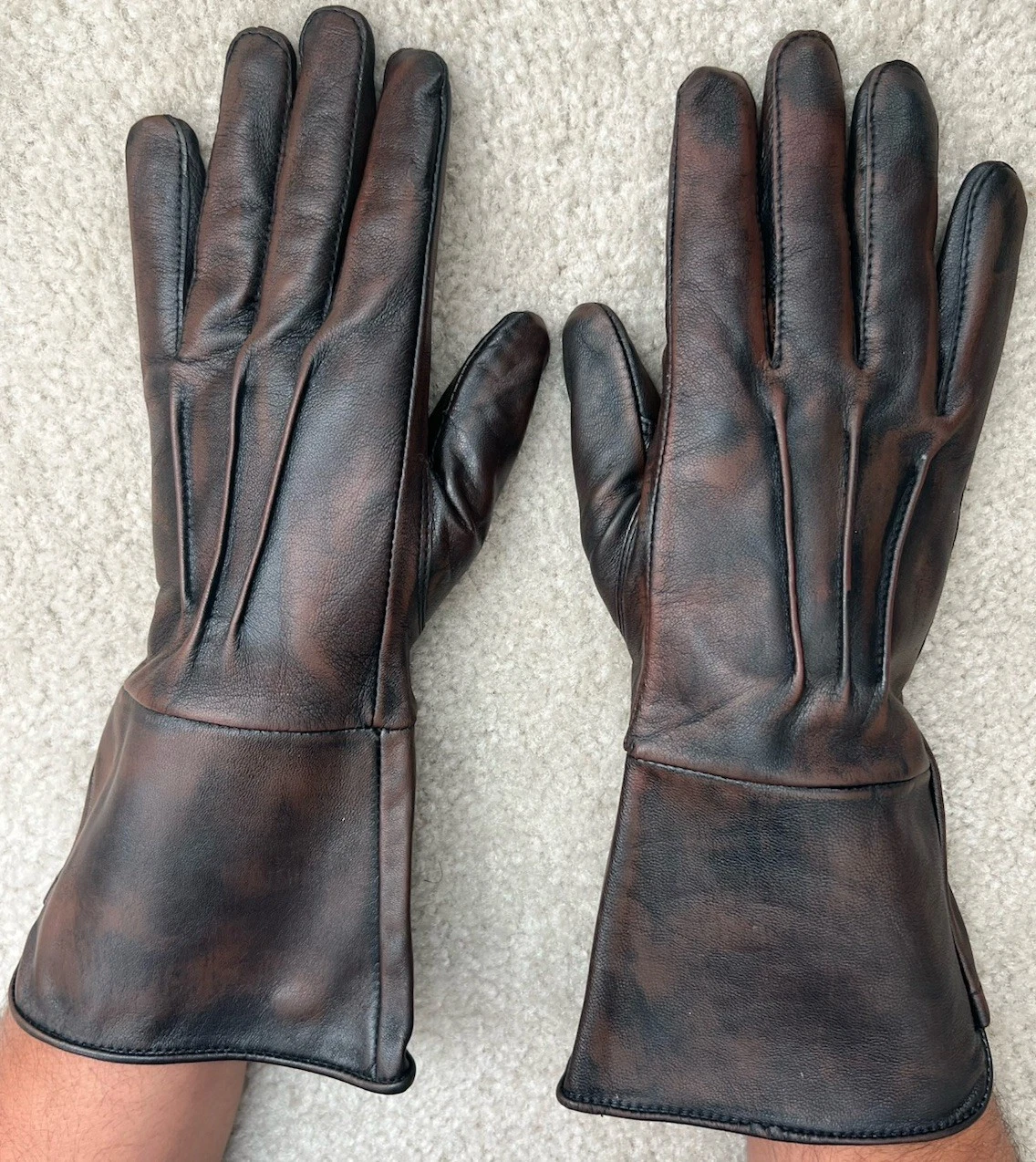 Men's Leather Medieval Long Cuff Gloves Waxed Brown Sz XL