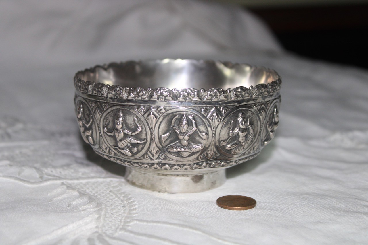 Antique Silver Repousse Burma, Sri Lanka? Hindu Buddhist Dancers Offering Bowl
