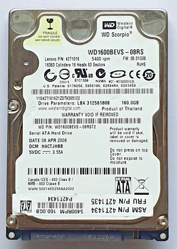 160 GB SATA Western Digital WD1600BEVS-08RST2 5400RPM 8MB HDD 2,5" Festplatte