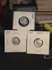 3 Mercury Dimes 1941d, 1940, 1943d