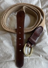 USA Made Mens Braided/Woven Beige Fabric/Brown Genuine Leather Belt Size XXL +