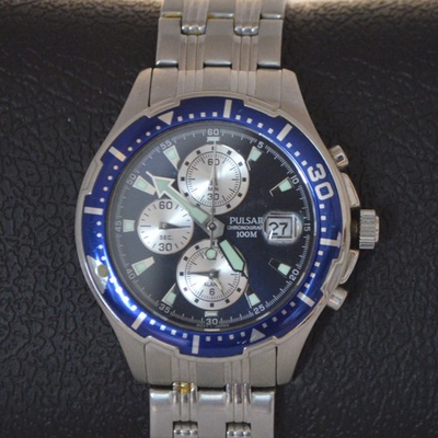 #ad Pulsar Chronograph Watch 42mm Black Dial Blue Bezel Steel Luminous Hands 2010s $34.95