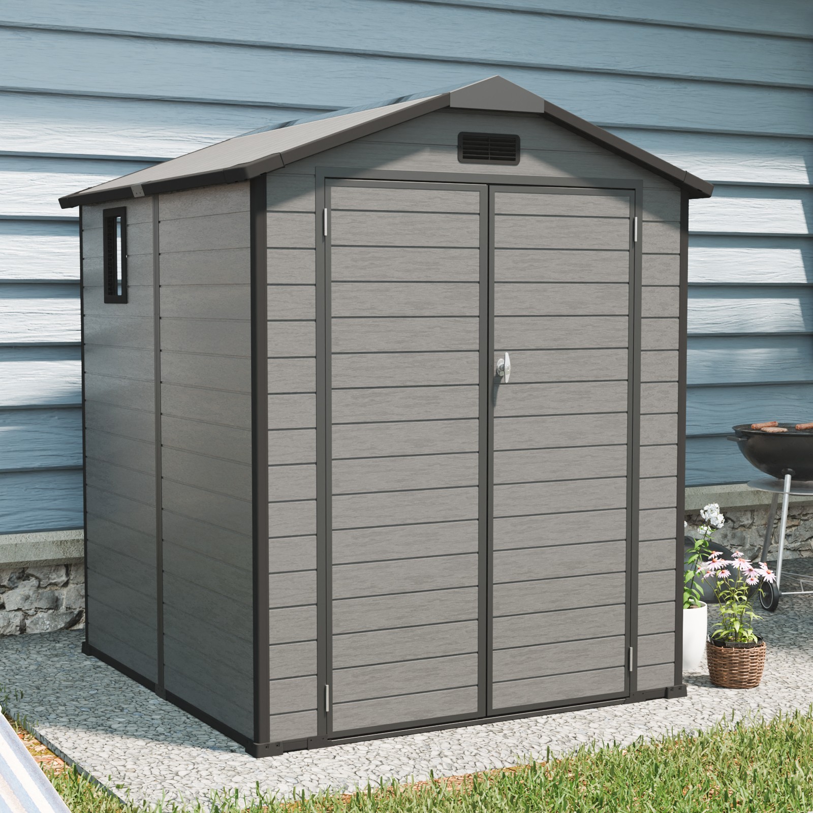 6x6FT Plastic Resin Outdoor Storage Shed Lockable w/ Window Floor Garden Yard