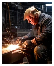 PRESIDENT DONALD TRUMP WELDING BLUE COLLAR 8X10 AI PHOTO