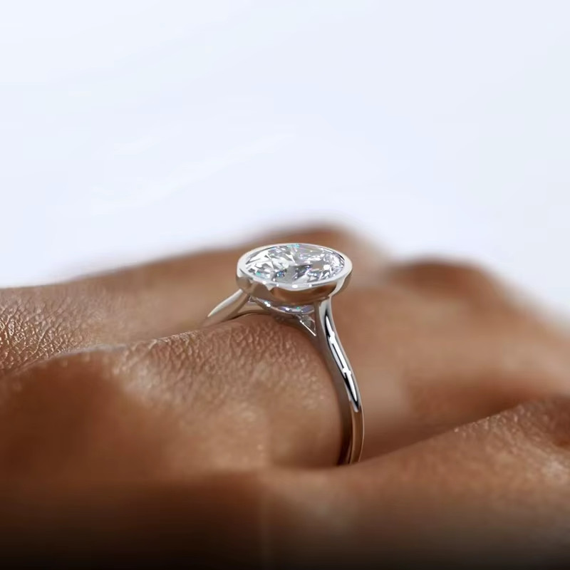 8x12mm Oval Lab Created  Solitaire 925 Silver Solitaire Ring sz 4-10 YG