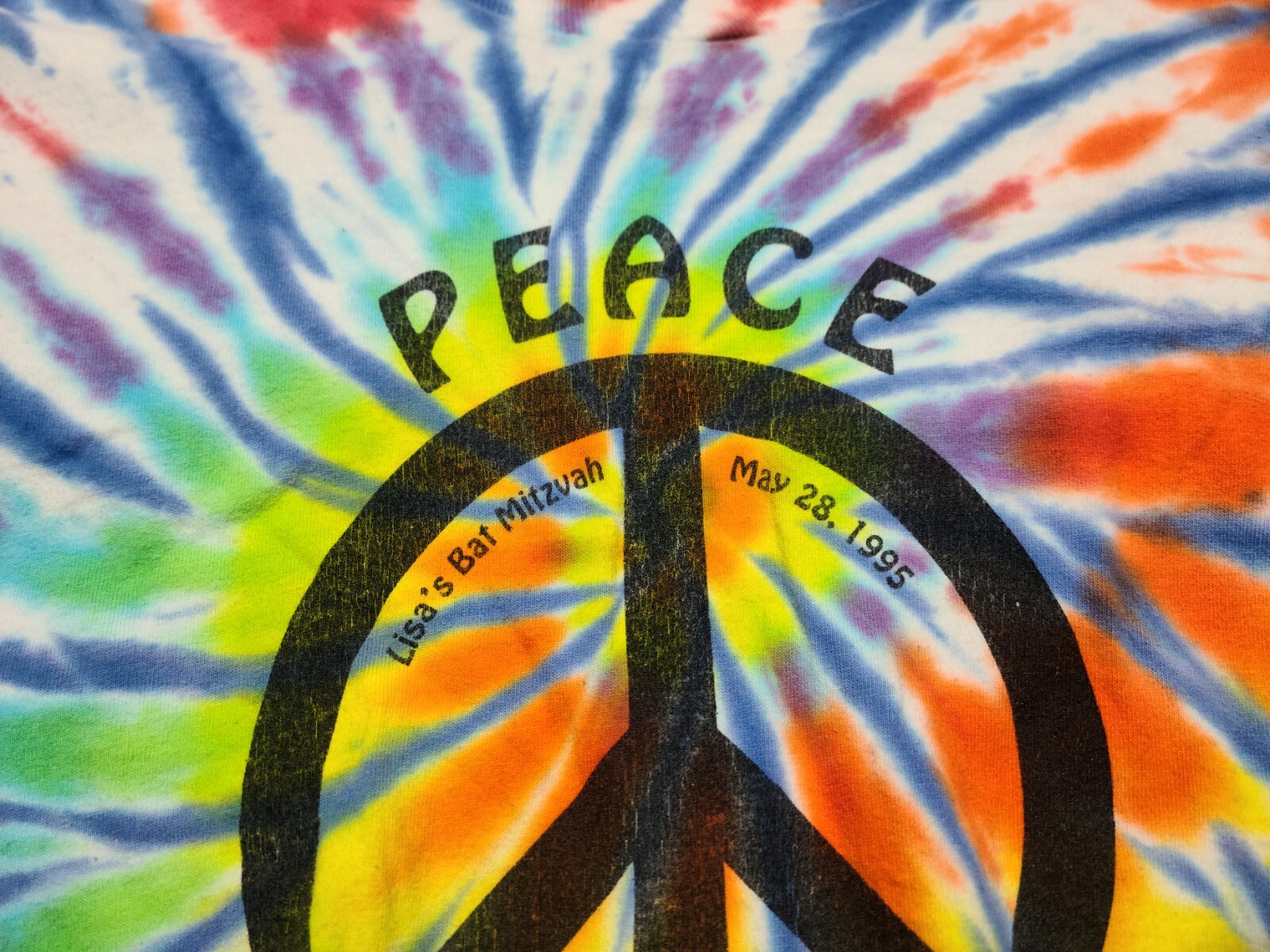 1995 Lisa's Bar Mitzvah PEACE SIGN Tie Dye L Shirt SingleStitch Jewish