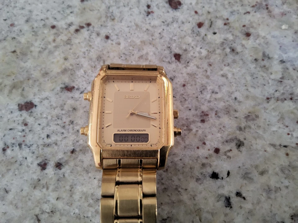 Vintage Seiko Watch Men Gold Tone Analog Digital Alarm Chrono V072-5060 B1