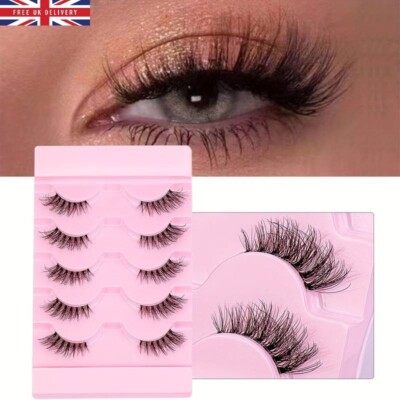 5 Stück Faux Nerz Wimpern Natur Katzenauge, Flauschig Weich Transparent Stiele Wiederverwendbar 