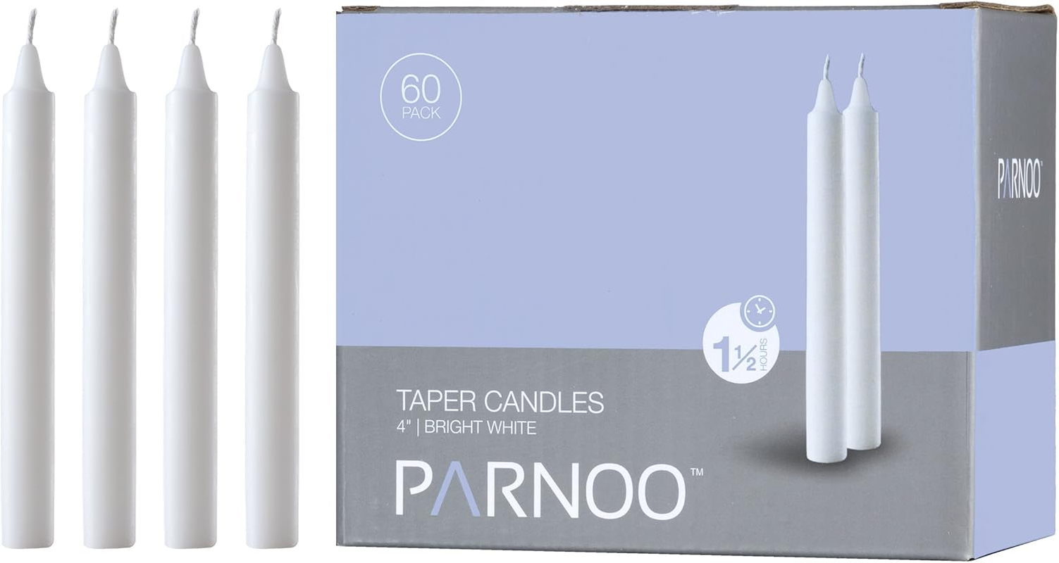 Elegant 4 Inch White Taper Candles Set of 60 Dripless Chimes 1/2 Inch