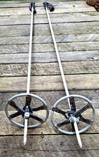 Vintage pair of "Armee" Swiss Army metal ski poles leather baskets loops WWII